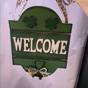 Green Welcome Sign with Shamrock Accents
